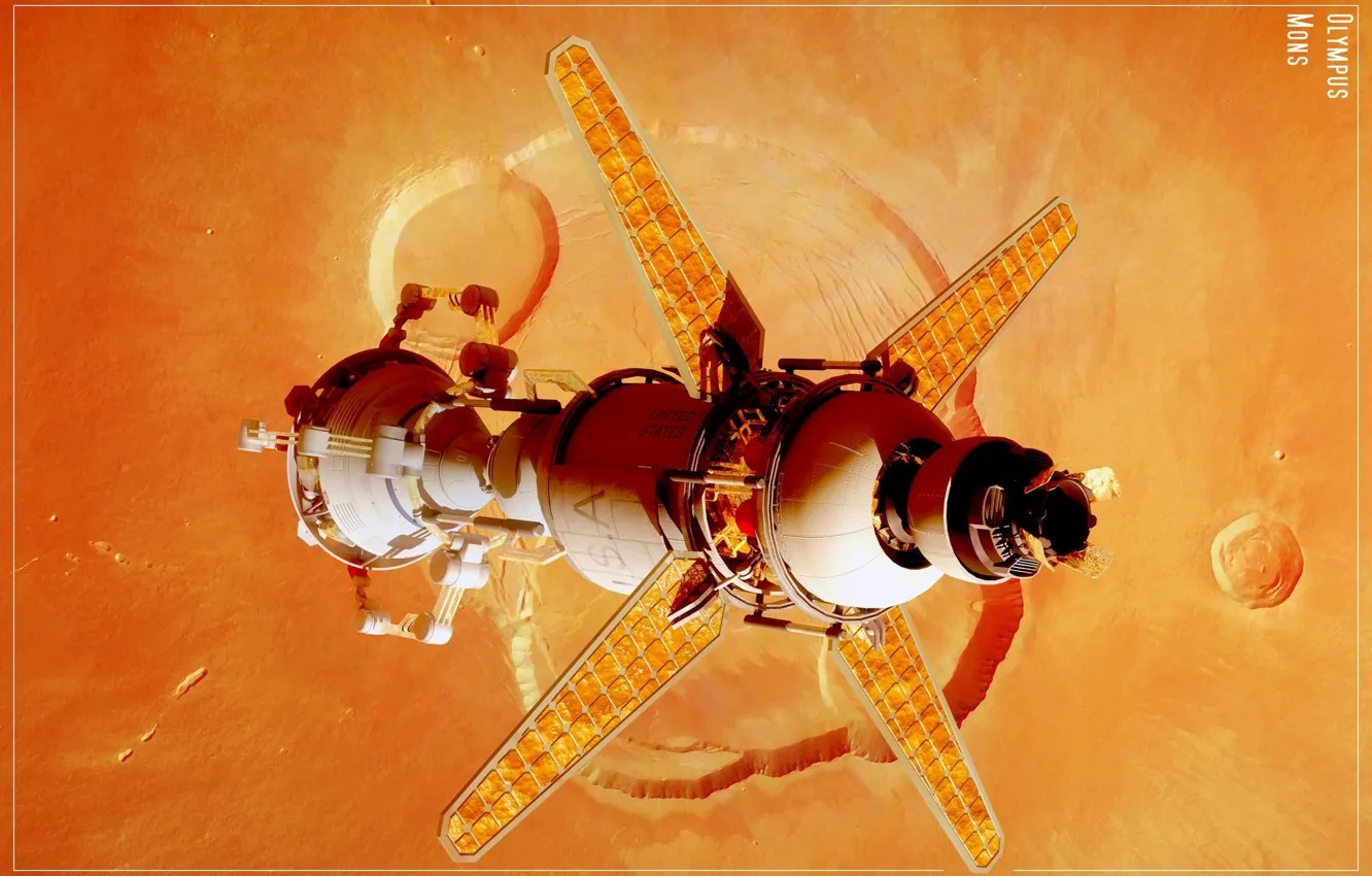 Photo wallpaper space, planet, spacecraft, Martian lander, Olympus mons