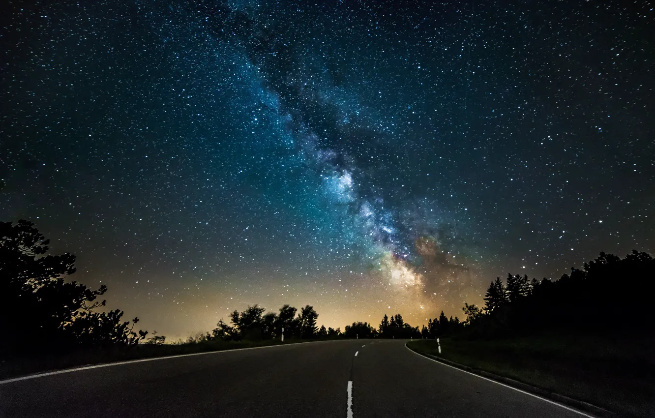 Photo wallpaper road, space, stars, light, trees, mystery, silhouette, The Milky Way