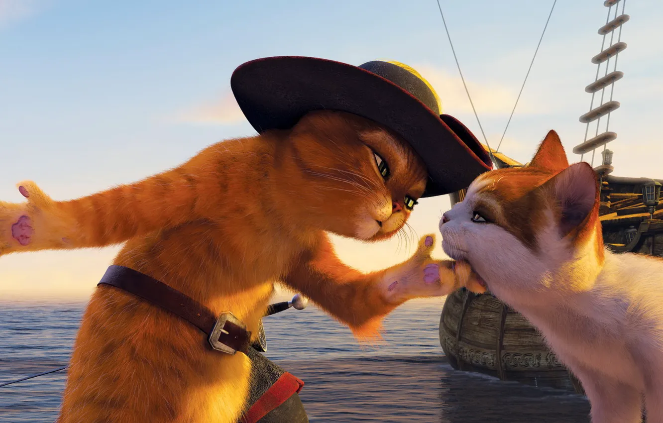 Photo wallpaper cat, cat, cartoon, ship, cartoon, hat, promenade, Shrek