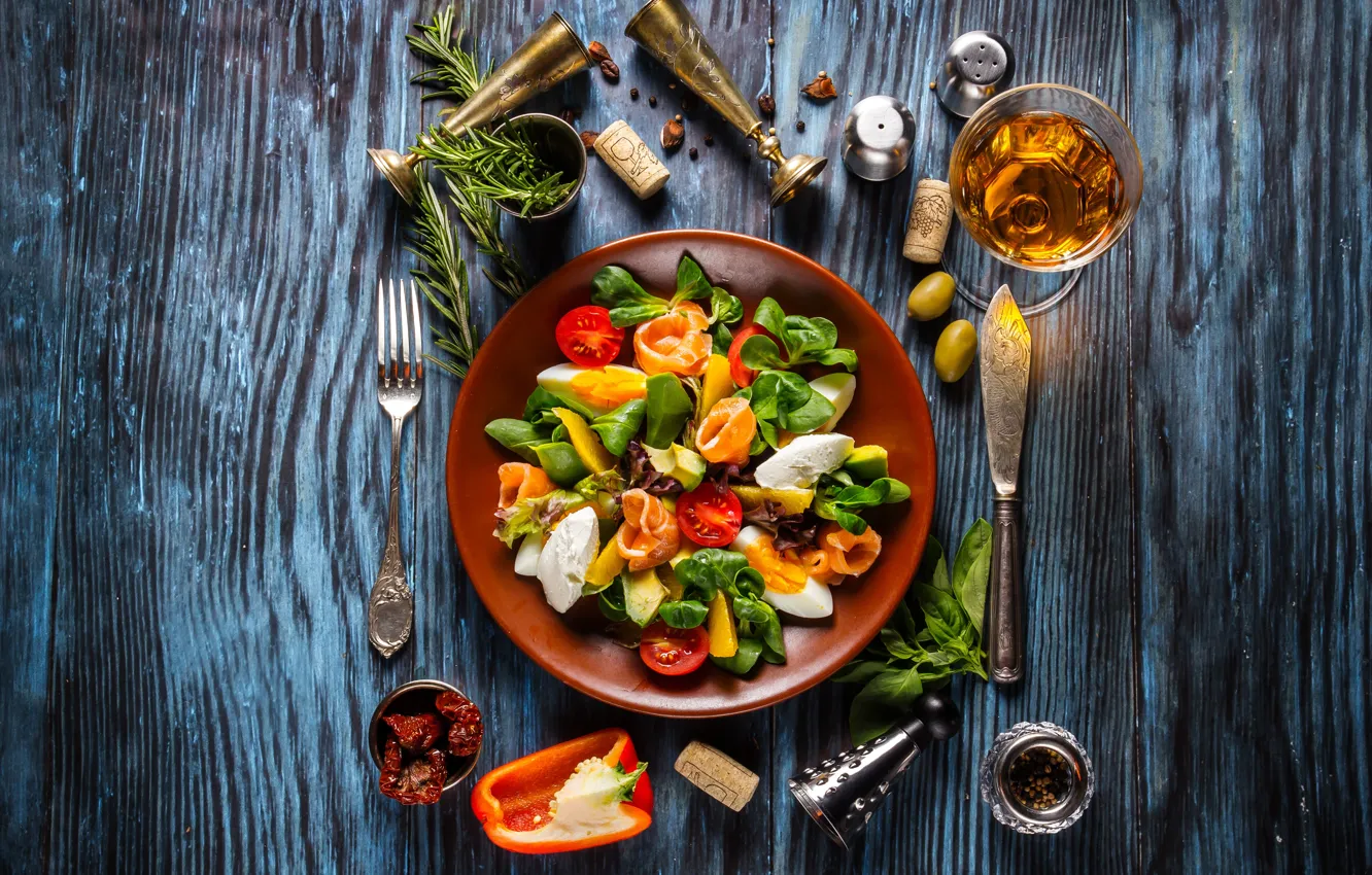 Photo wallpaper greens, cheese, bread, vegetables, tomatoes, wood, salad, spices