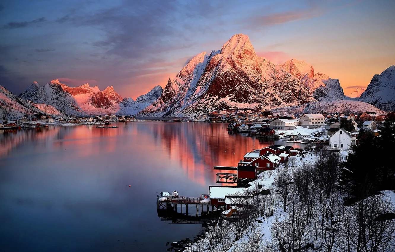 Photo wallpaper winter, the sky, sunset, mountains, morning, North