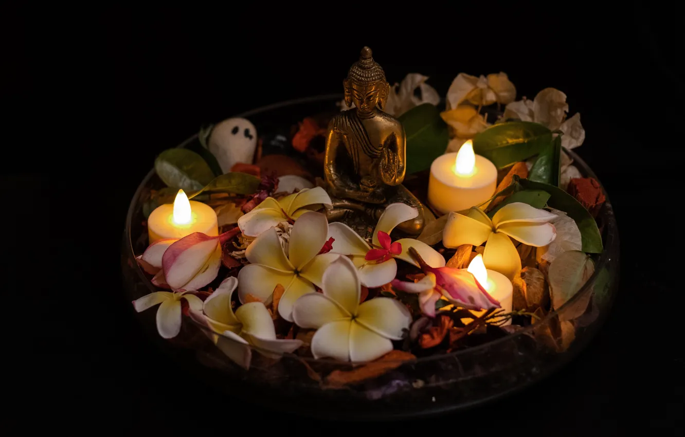 Photo wallpaper leaves, flowers, flame, Nirvana, relax, Asia, candles, petals