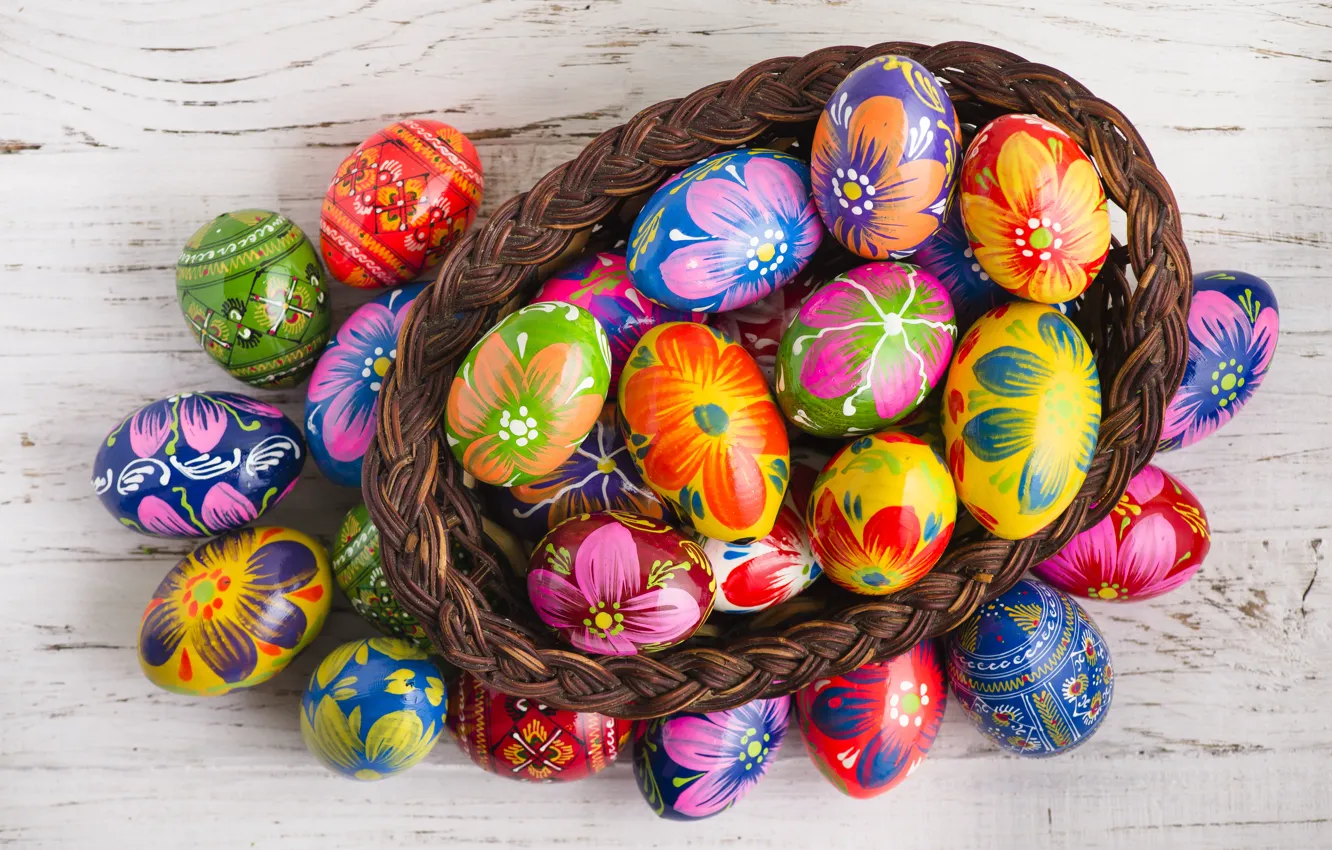 Photo wallpaper basket, spring, colorful, Easter, wood, spring, Easter, eggs