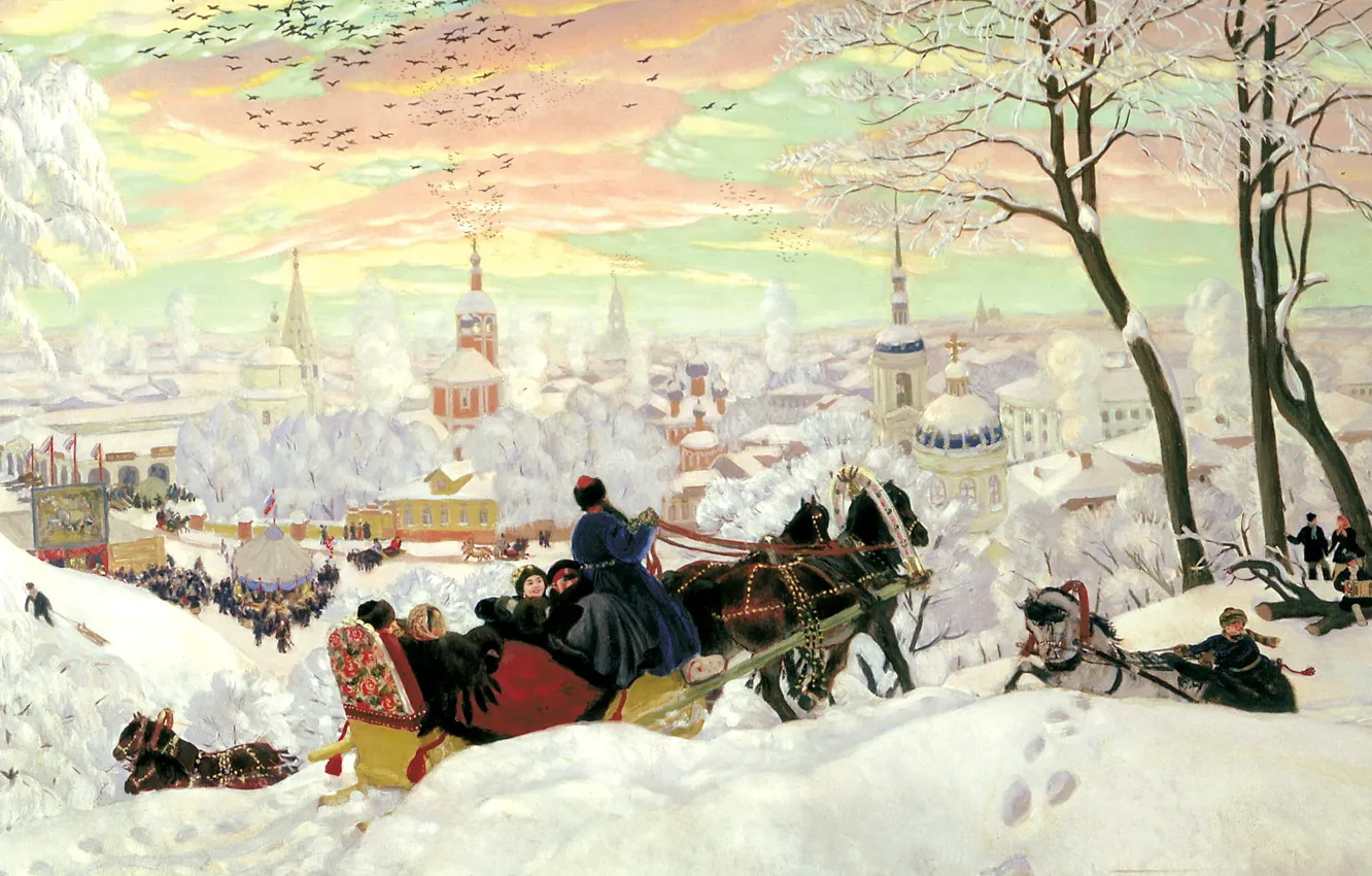 Photo wallpaper winter, snow, people, holiday, picture, horse, sleigh, painting