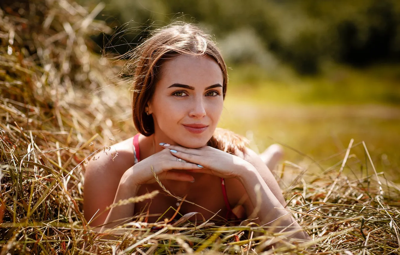 Photo wallpaper look, girl, pose, smile, hay, Alexey Gilev