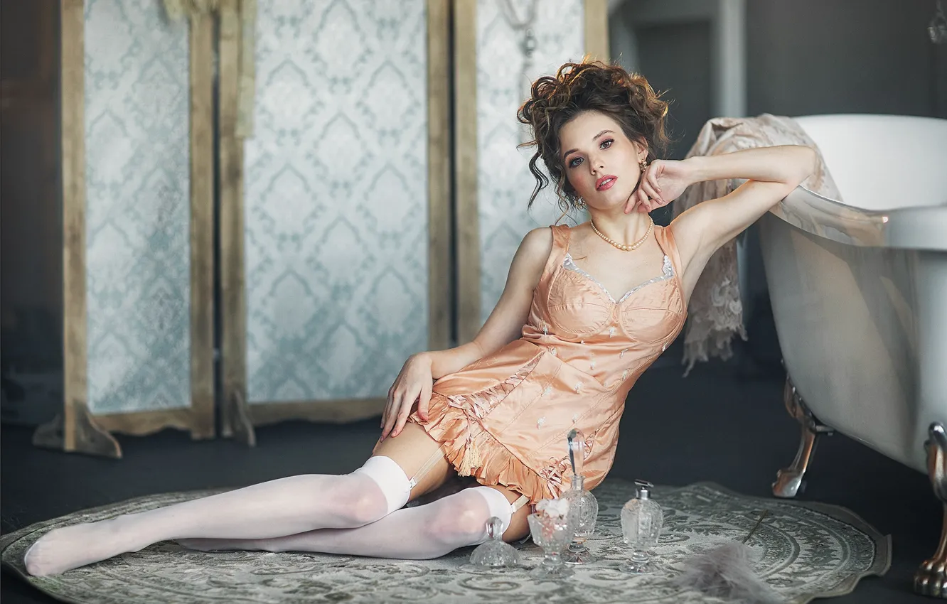 Photo wallpaper look, girl, pose, stockings, bath, legs, on the floor, Anastasia Barmina