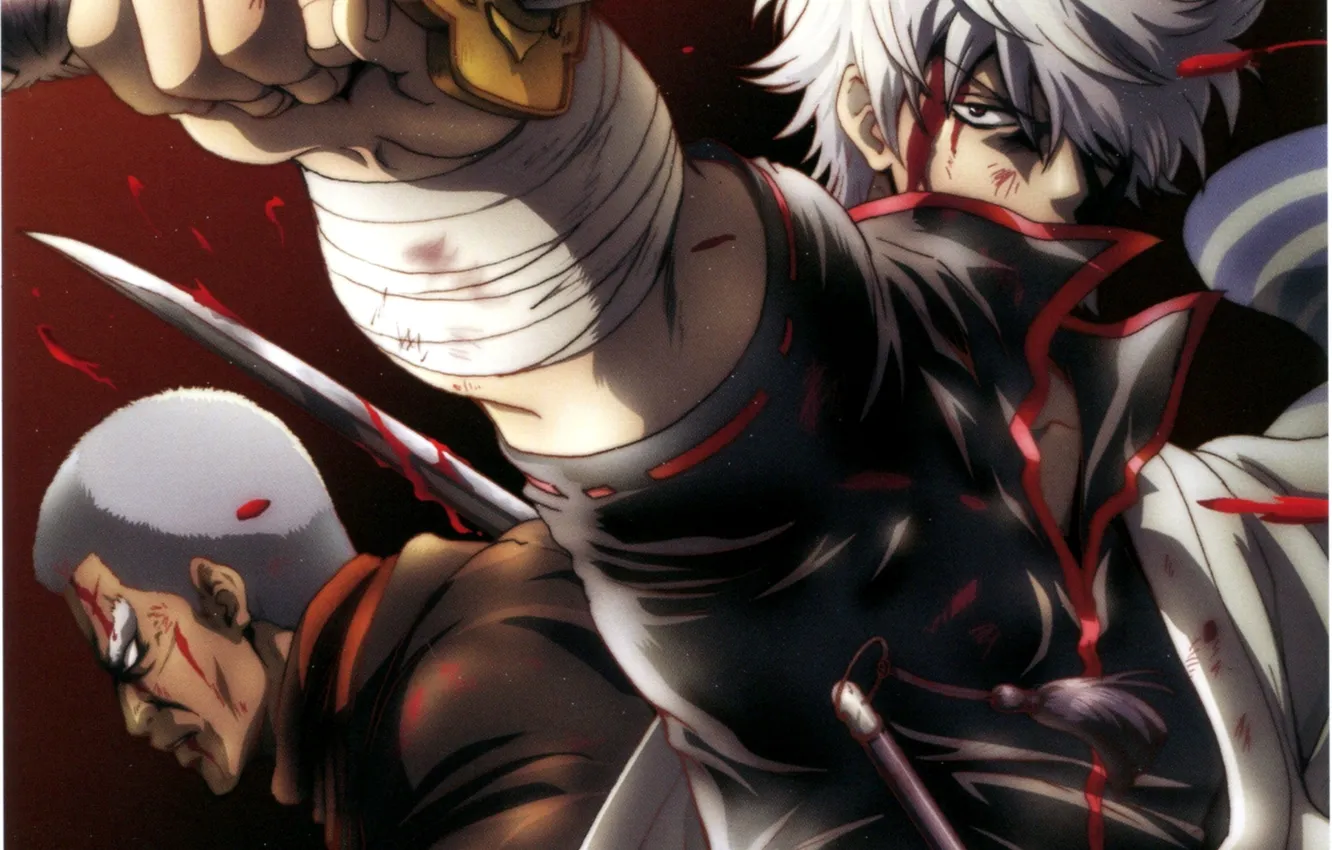 Photo wallpaper look, blood, katana, guy, kimono, anime, gintama, gintoki