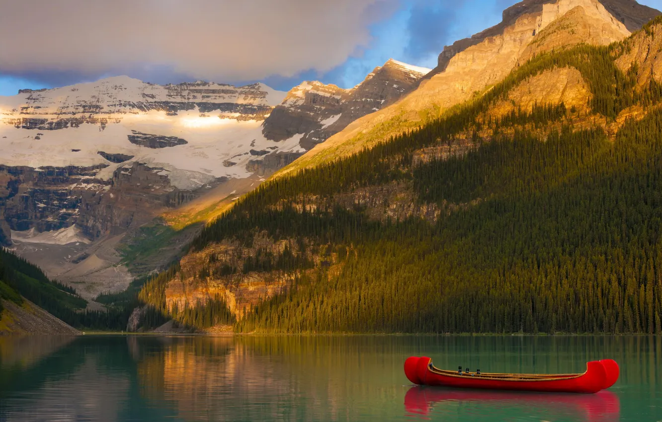 Photo wallpaper forest, mountains, nature, lake, canoe