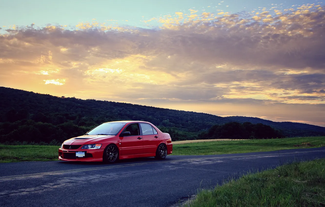 Photo wallpaper road, the sky, red, Mitsubishi, Evolution