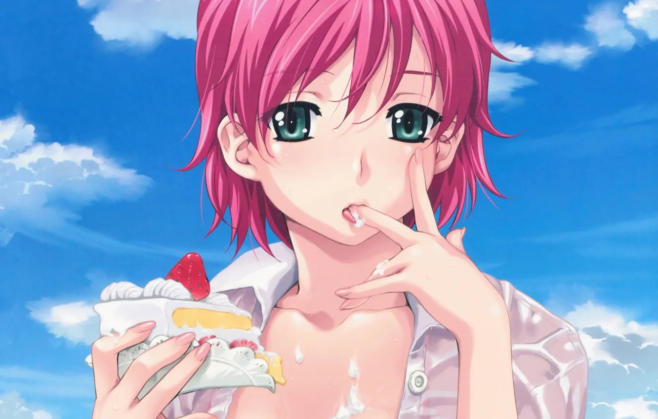 Photo wallpaper face, strawberry, vacation, cream, blue sky, licks, a piece of cake, pink hair