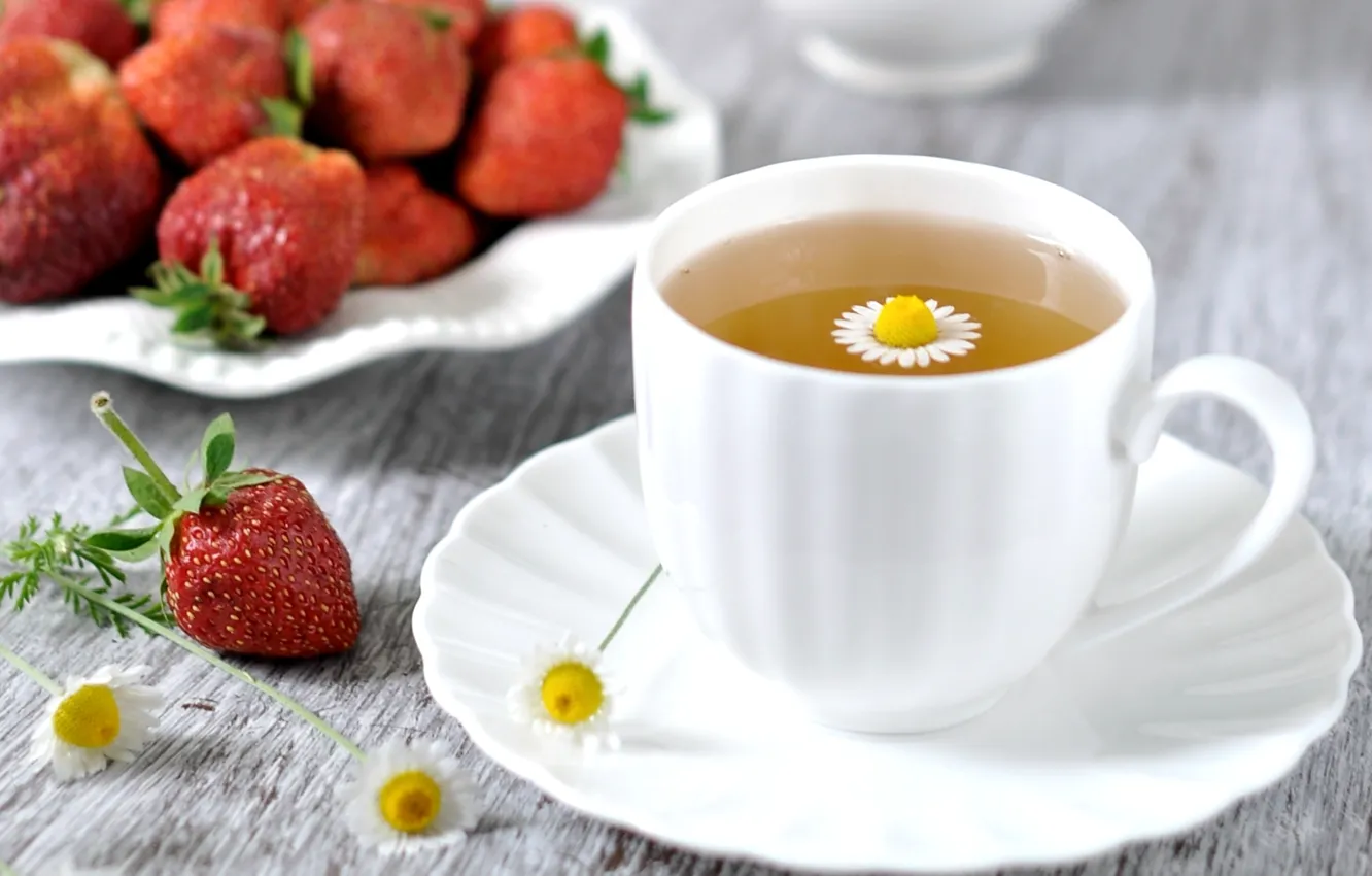 Photo wallpaper tea, Daisy, strawberry, Cup, drink