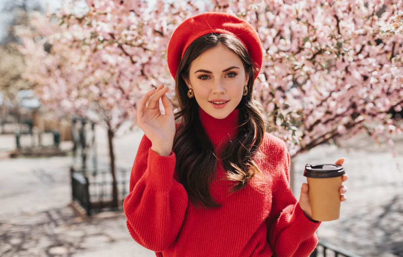Photo wallpaper look, girl, face, pose, coffee, hands, Sakura, brunette
