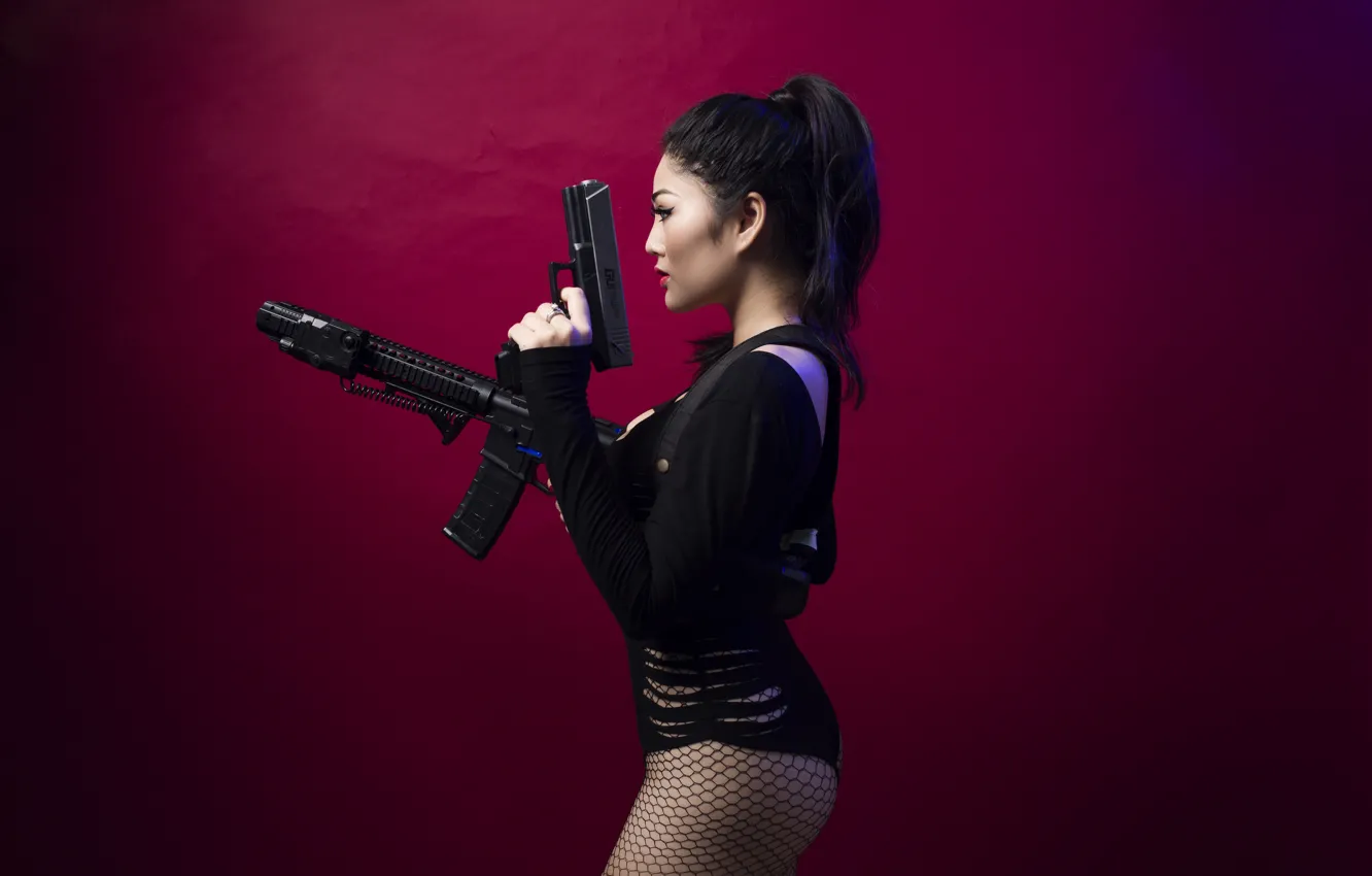 Photo wallpaper girl, weapons, background