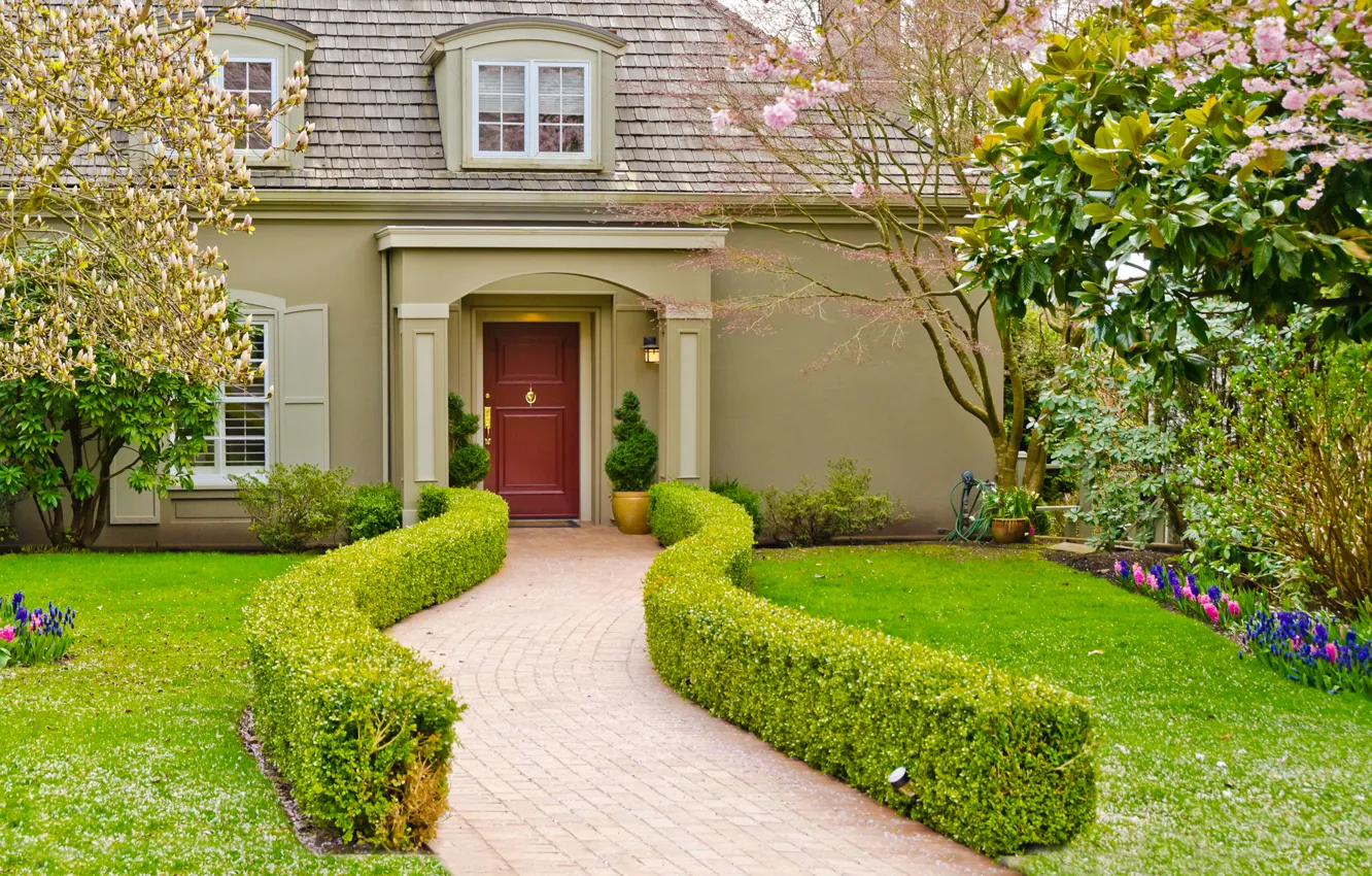 Photo wallpaper flowers, design, lawn, home, garden, track, mansion, the bushes