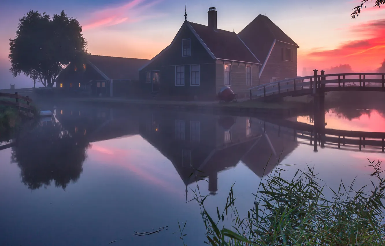 Photo wallpaper sunset, reflection, house, pond