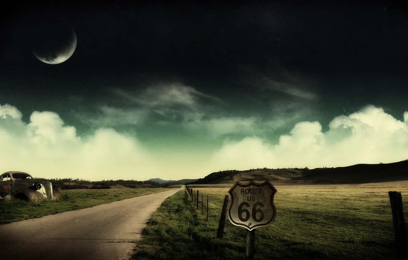 Photo wallpaper clouds, collage, the moon, Road