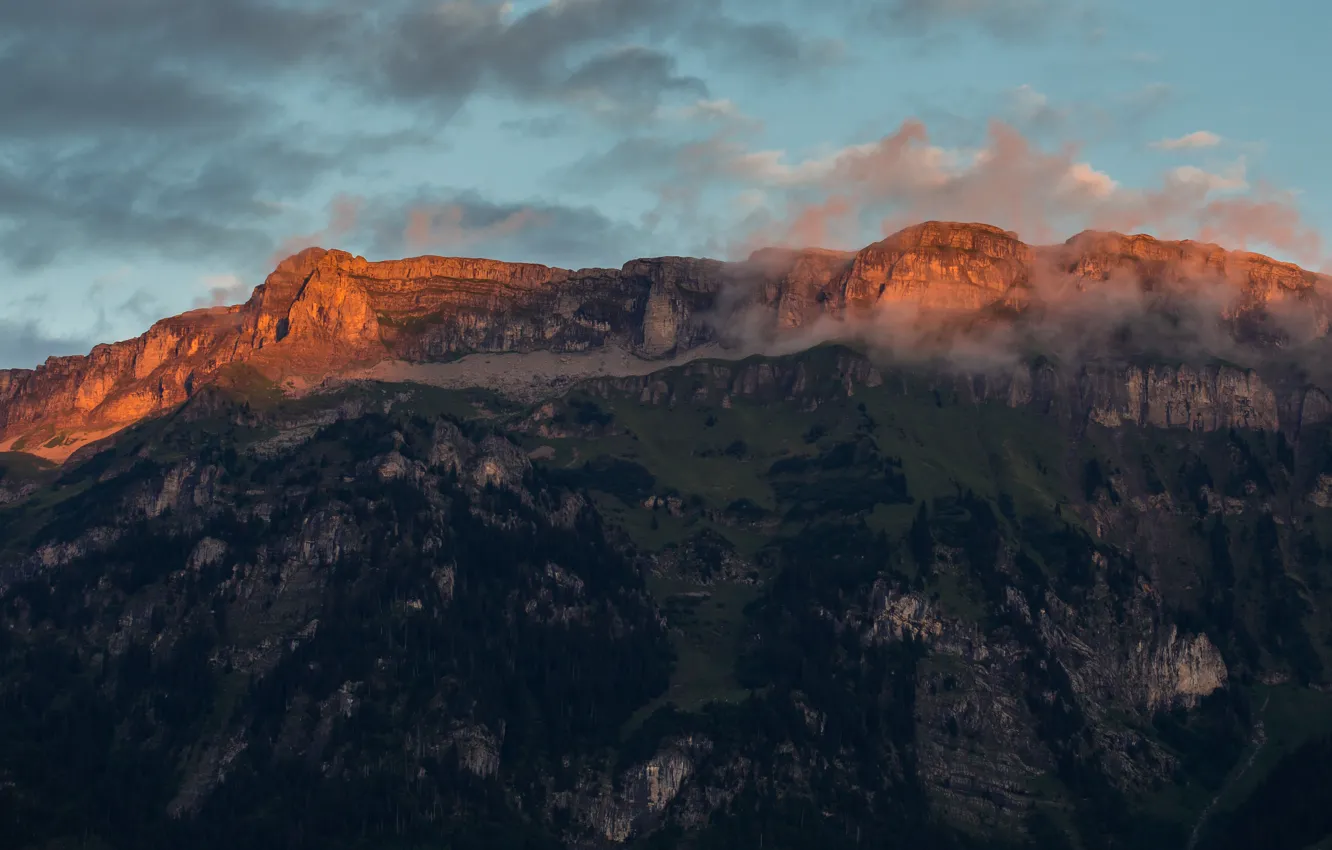 Photo wallpaper clouds, trees, sunset, rocks, Mountains, Switzerland, Ringgenberg, Roteflue