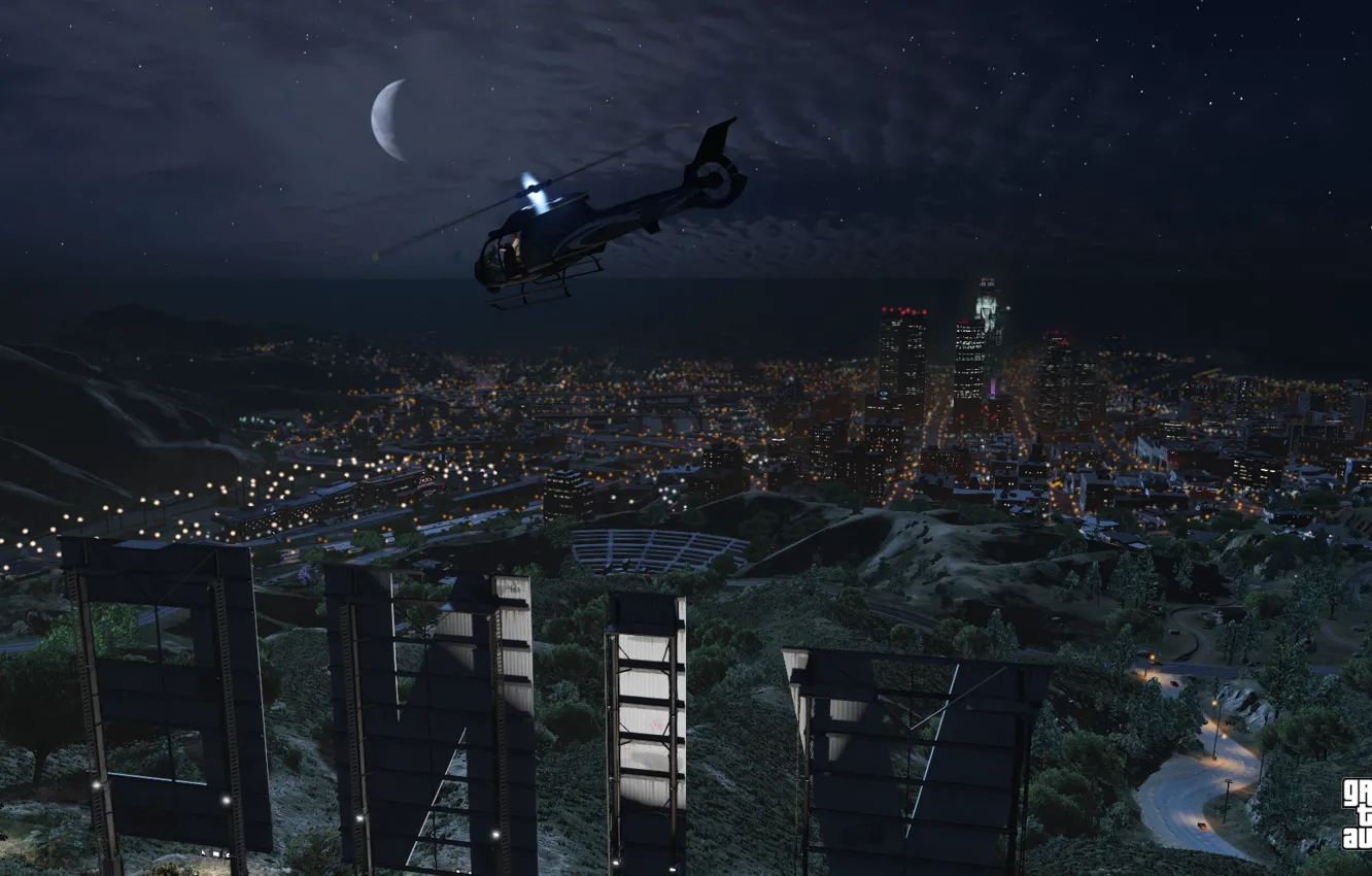 Photo wallpaper landscape, night, Grand Theft Auto V, Los Santos, gta 5, vinewood