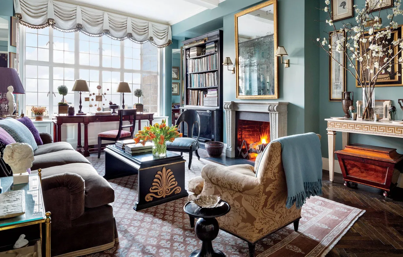 Photo wallpaper design, style, interior, fireplace, library, living room