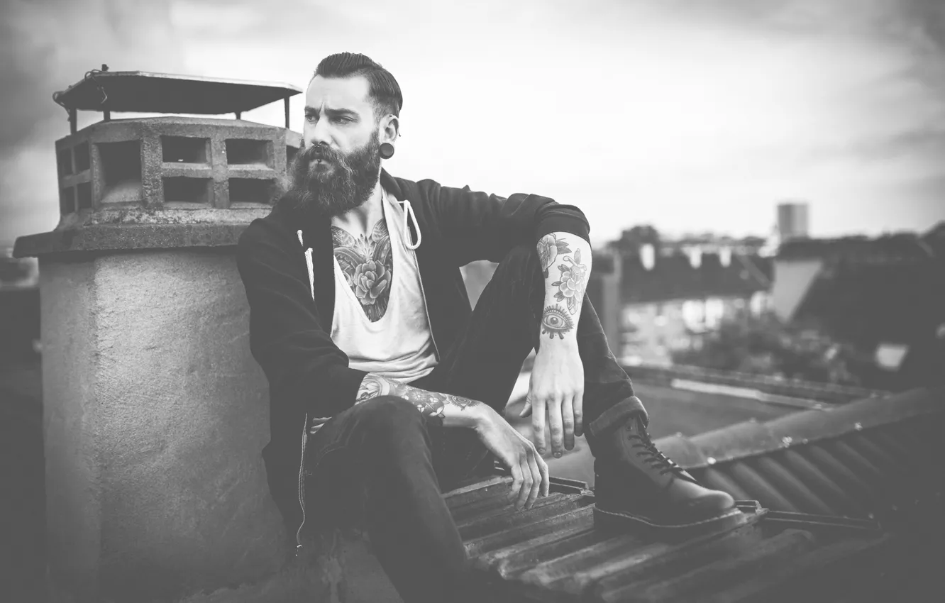 Photo wallpaper roof, eyes, the city, hair, home, boots, tattoo, The hood