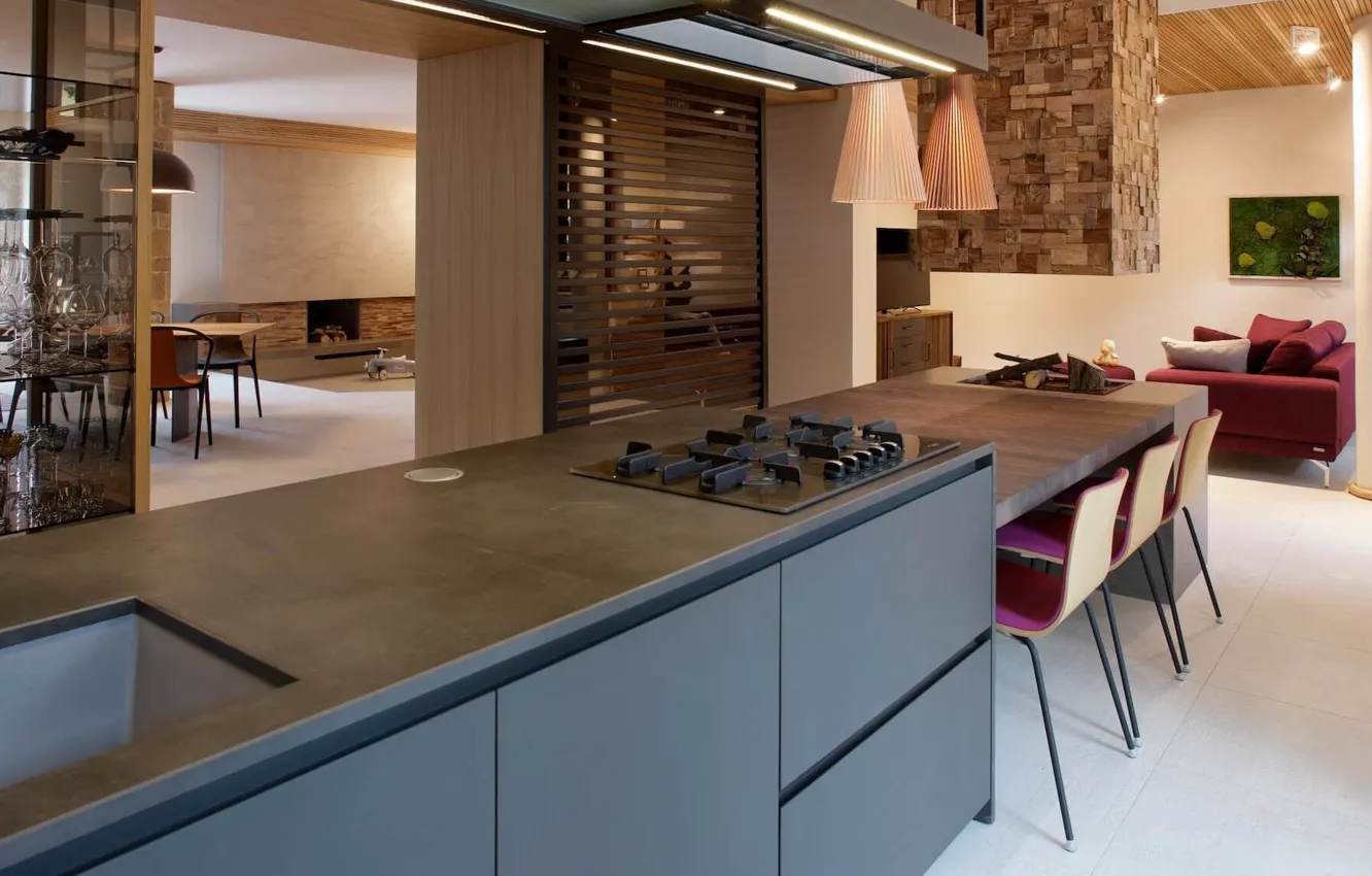 Photo wallpaper interior, kitchen, fireplace, living room, dining room, NONAGON style, functional privacy kitchen, contemporary shared space