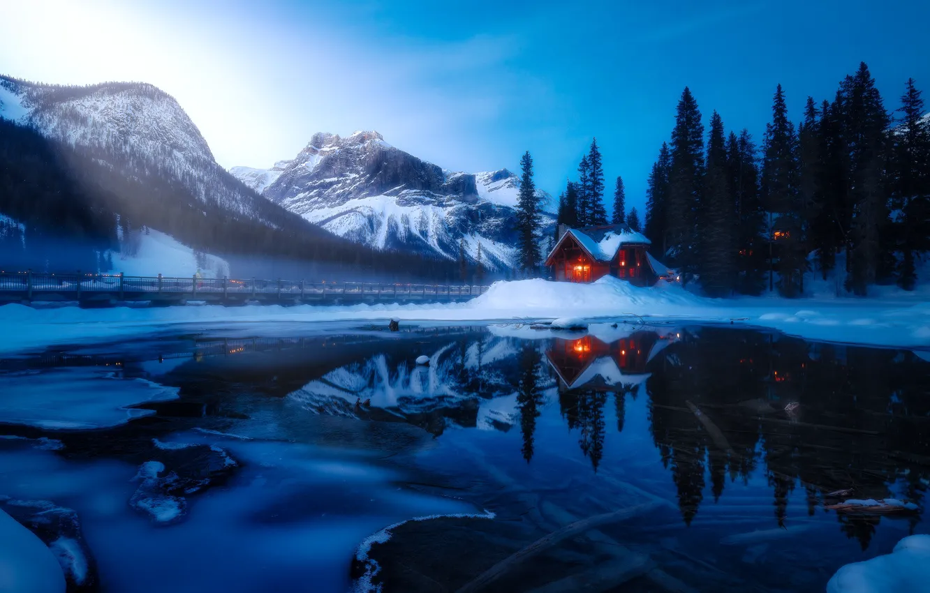 Photo wallpaper winter, forest, snow, landscape, mountains, nature, lake, home