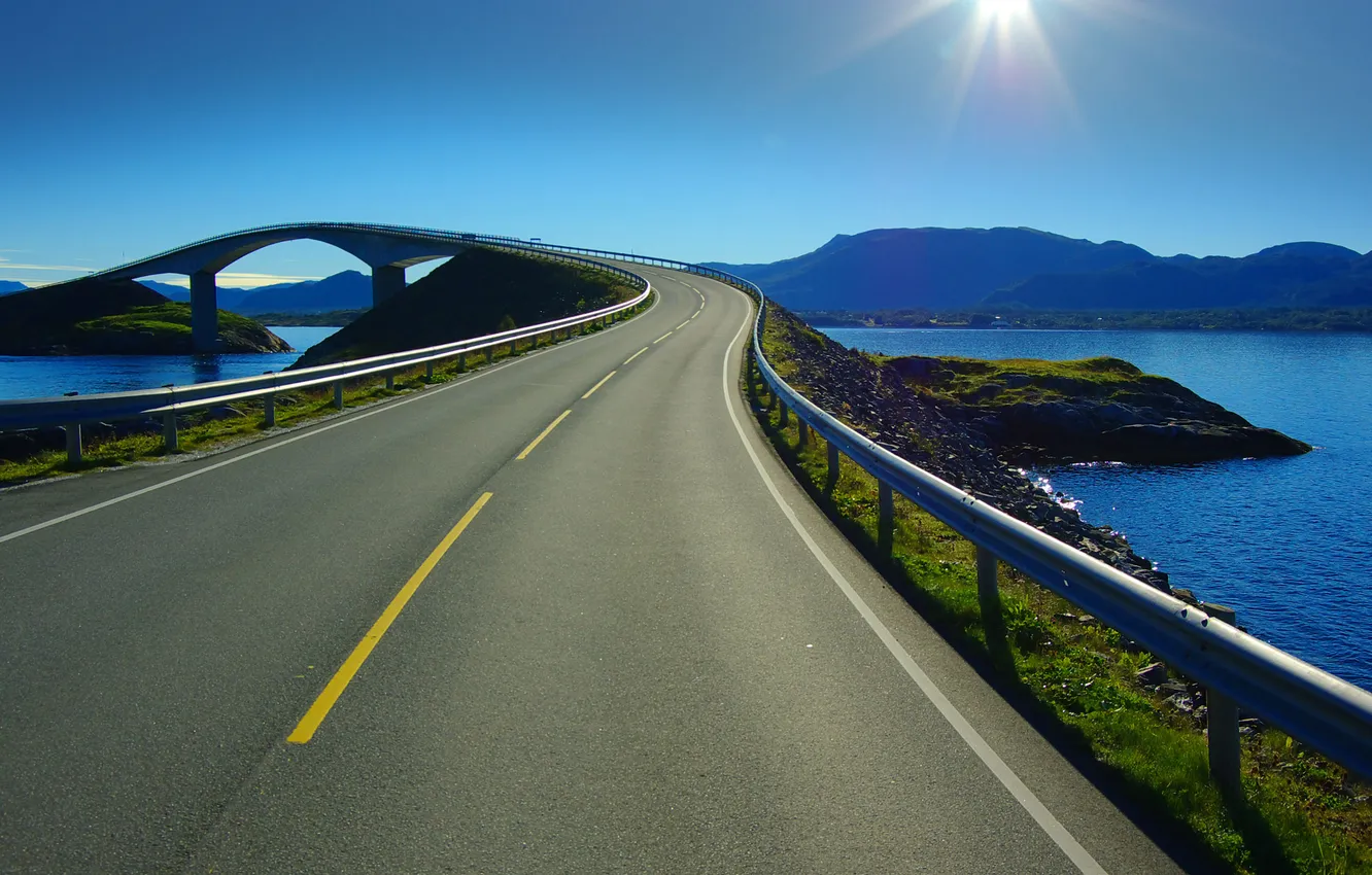 Photo wallpaper road, the sky, the sun, landscape, mountains, bridge, nature, river