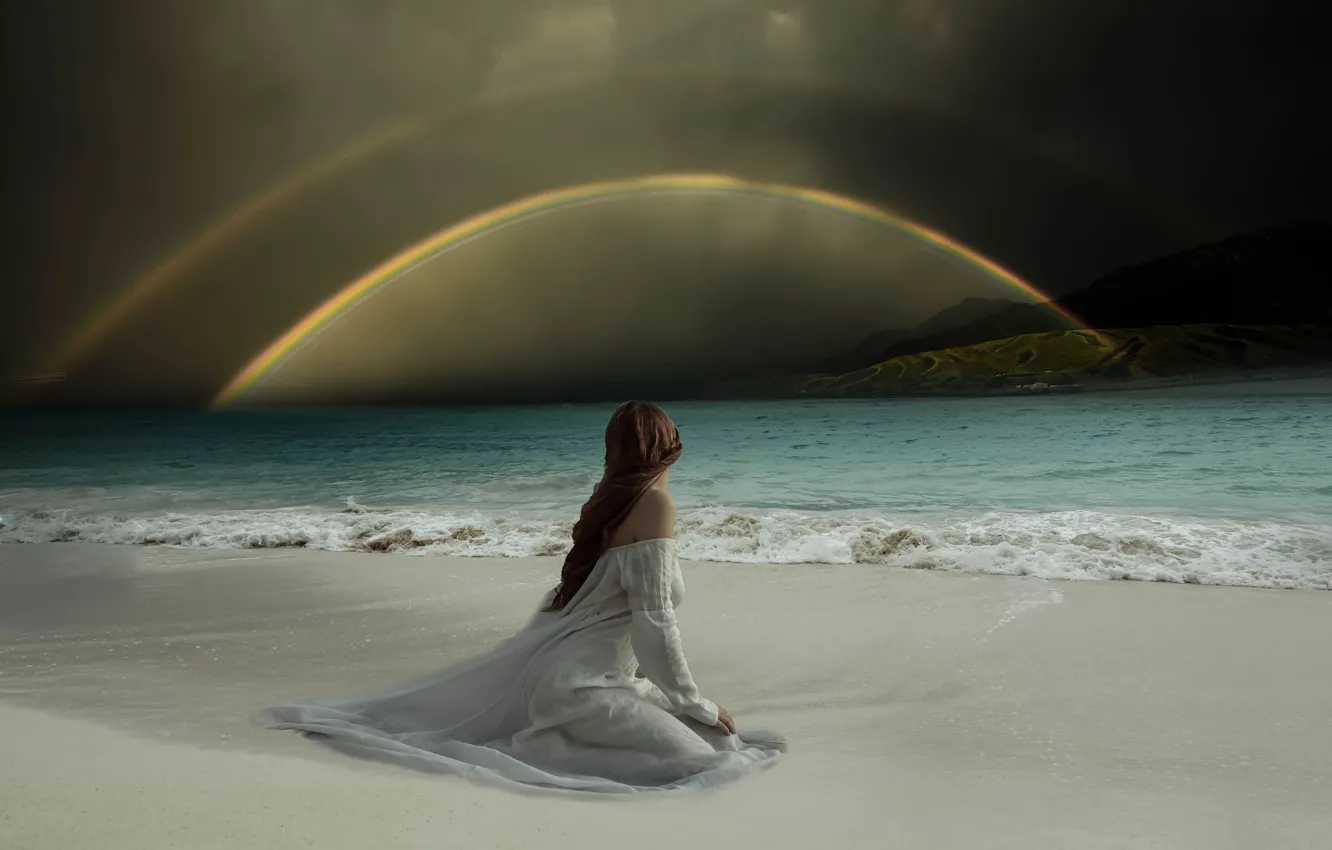Photo wallpaper sea, beach, girl, mountains, clouds, rendering, back, rainbow