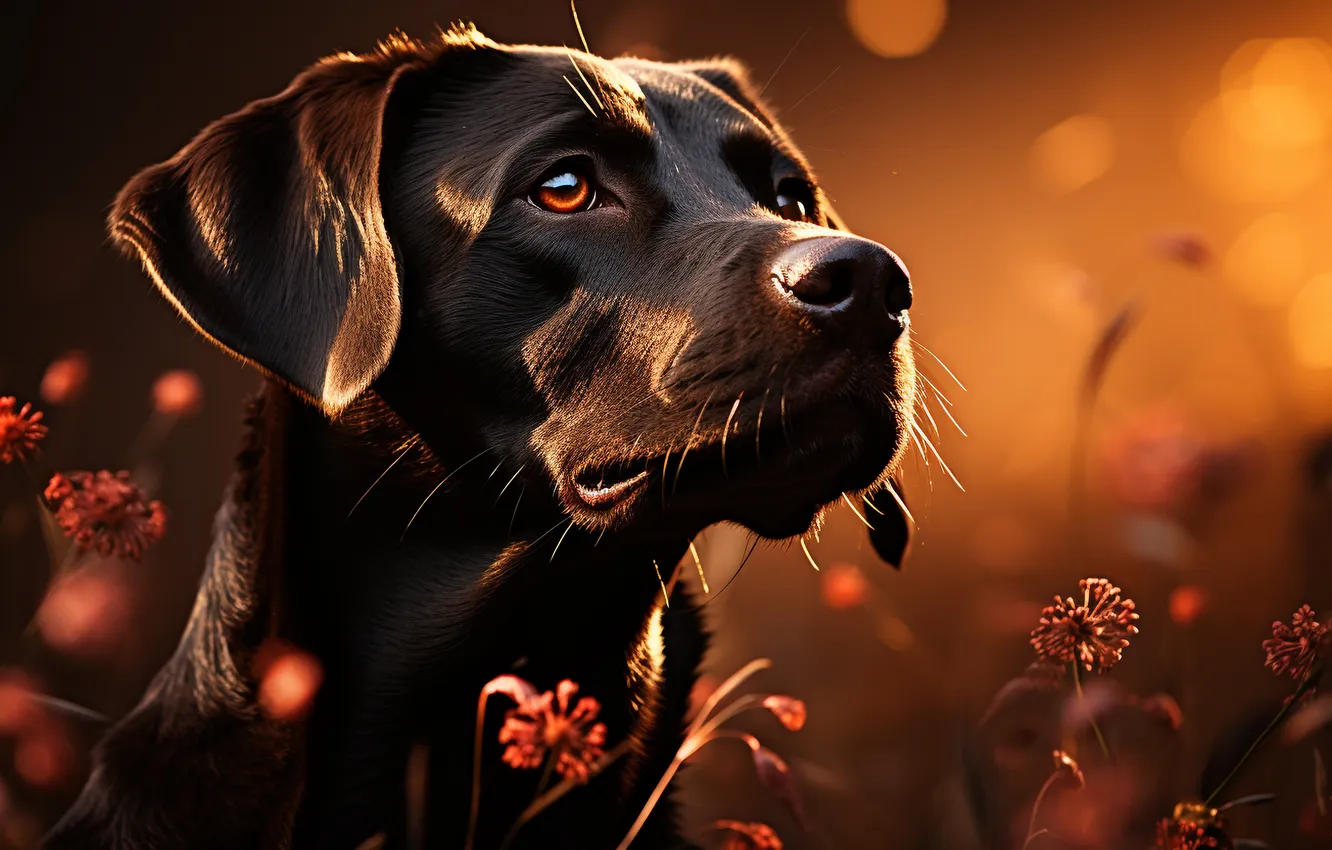 Photo wallpaper look, face, dawn, dog, Labrador, digital art, AI art, The Art of Artificial Intelligence