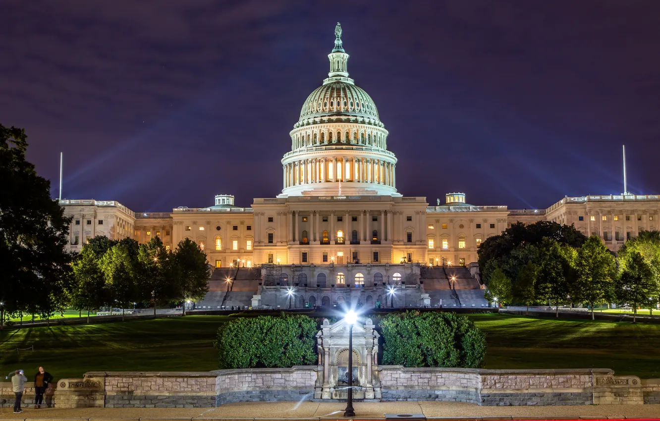 Photo wallpaper the city, photo, home, the evening, Washington, USA, Street lights, Capitol Building