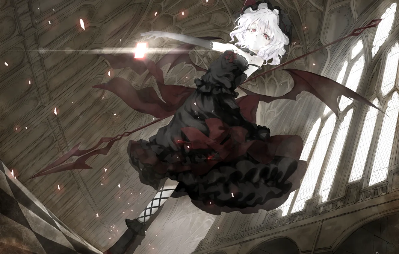 Photo wallpaper girl, wings, dress, vampire, spear, red eyes, touhou, Remilia Scarlet