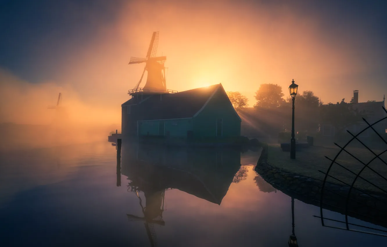 Photo wallpaper fog, morning, Netherlands, windmill, The Zaanse Schans