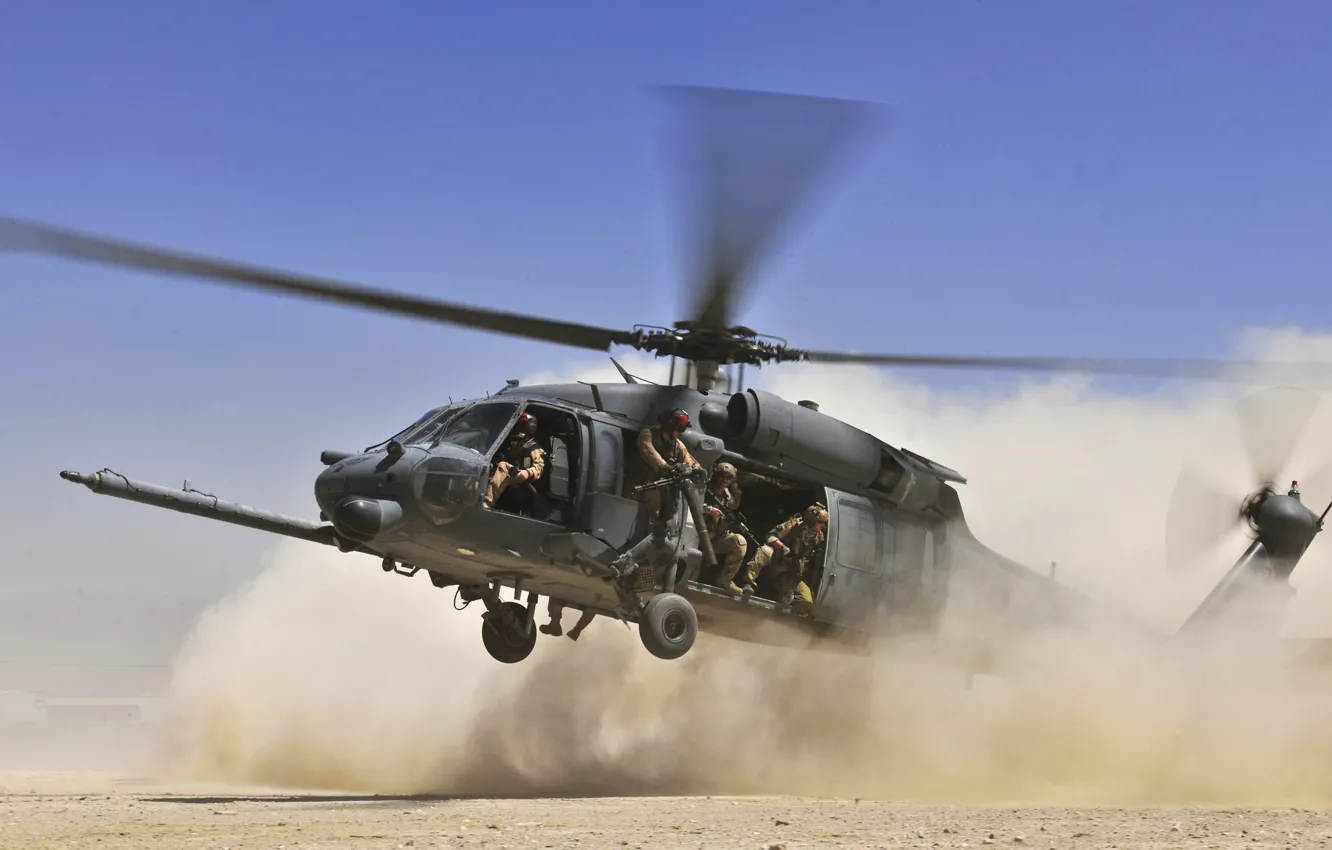 Photo wallpaper the sky, desert, dust, Helicopter, soldiers, landing, blades, landing