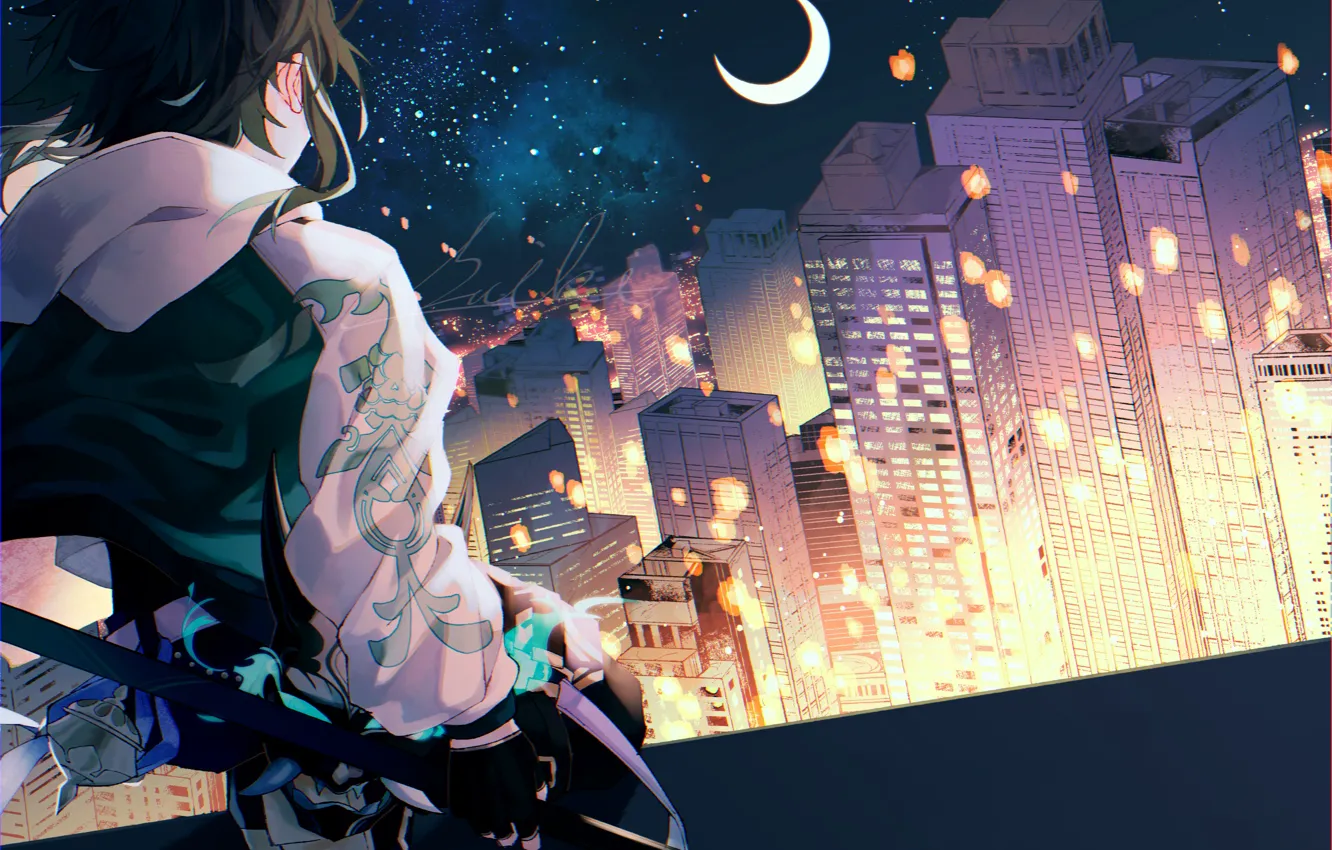 Photo wallpaper girl, night, the city, Crescent, Xiao, Genshin Impact