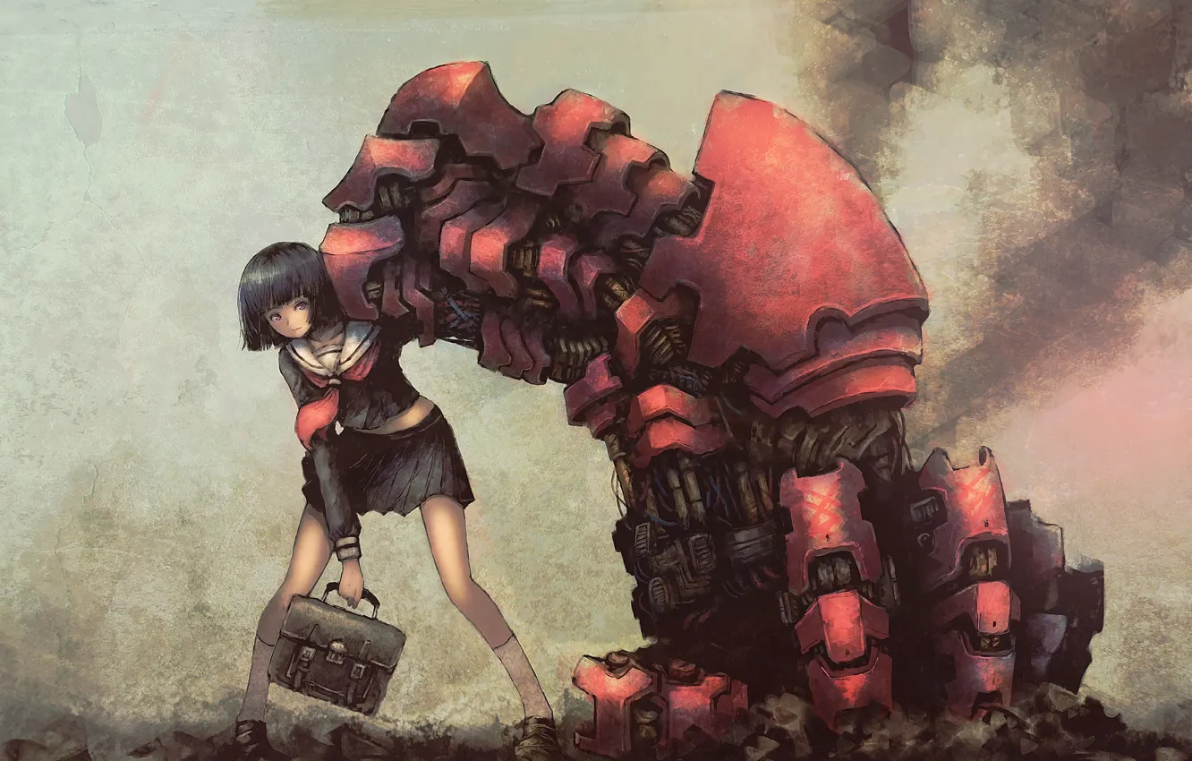 Photo wallpaper girl, robot, hand, anime, art, form, schoolgirl, portfolio