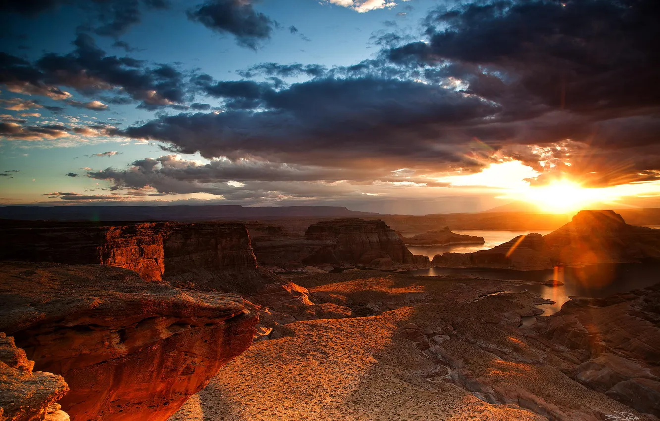 Photo wallpaper sunset, river, rocks, canyon