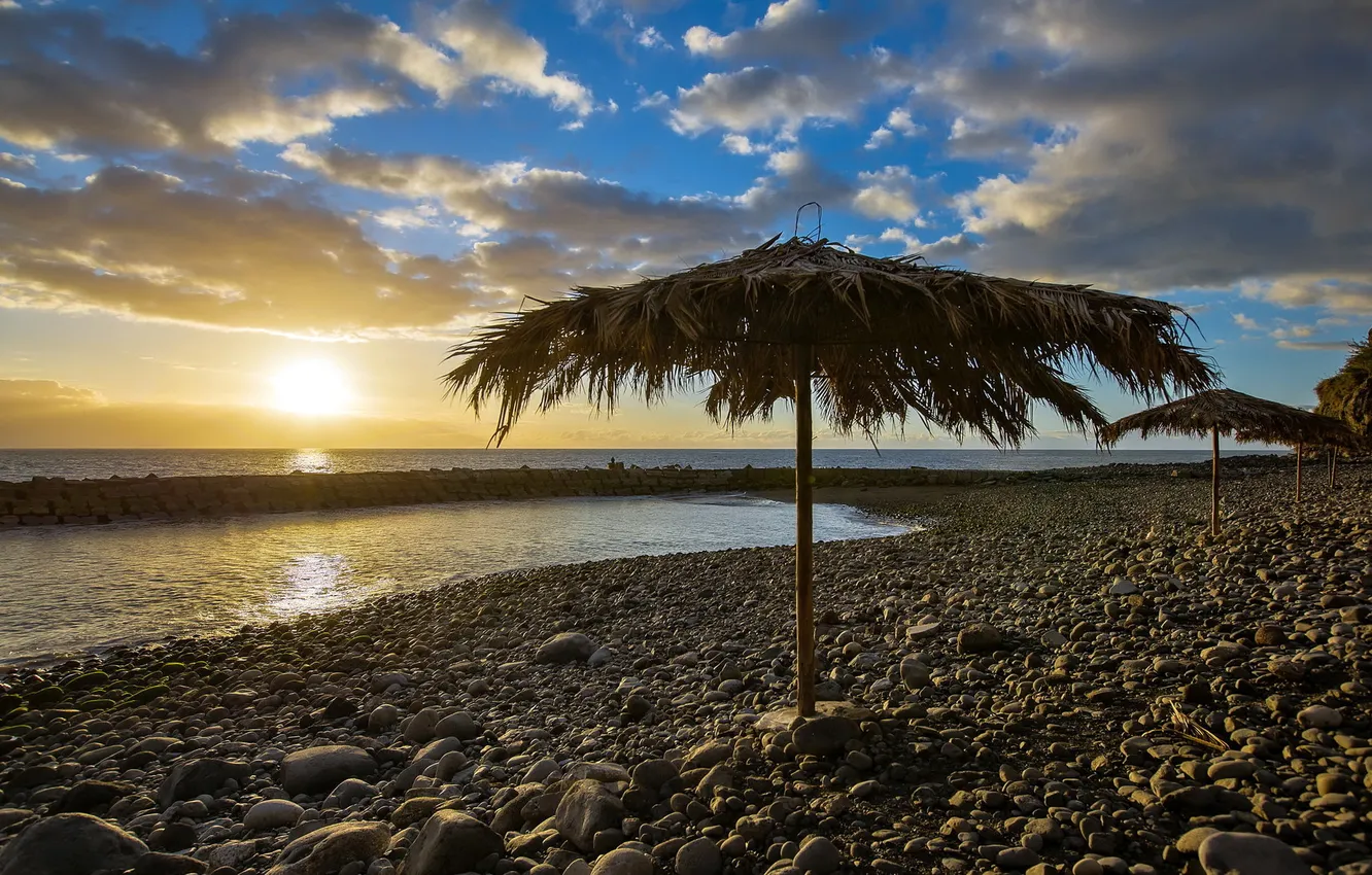 Photo wallpaper sea, beach, sunset, umbrellas