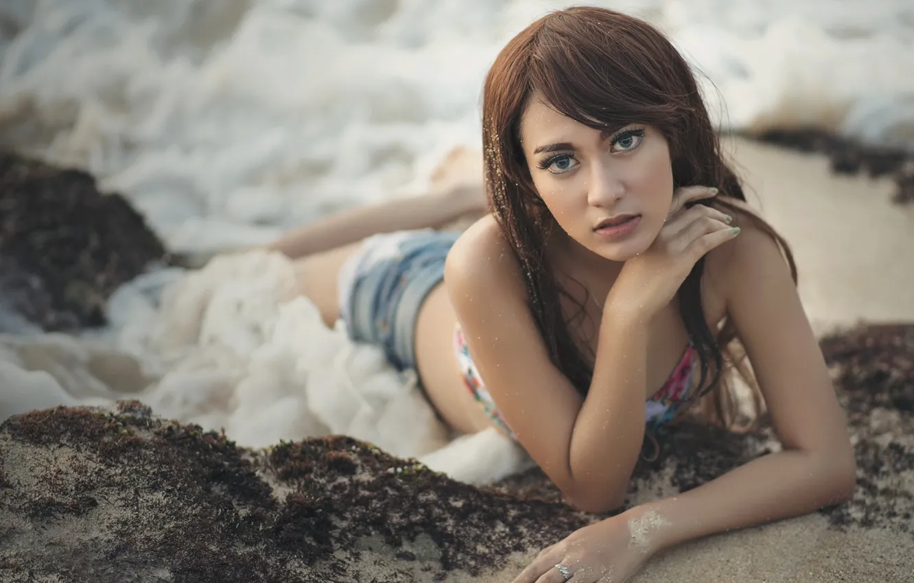 Photo wallpaper wave, look, foam, pose, shore, beautiful girl, boulders, shore