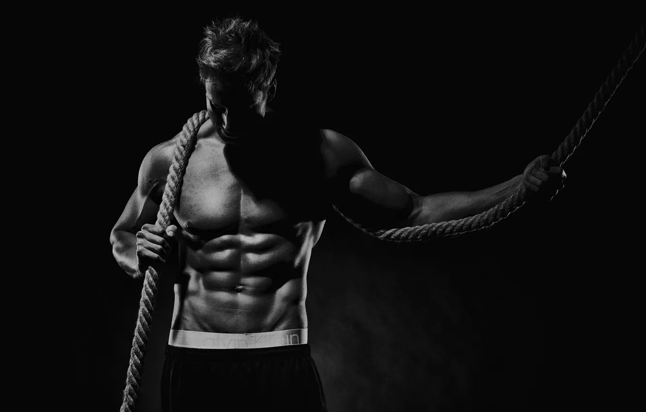 Photo wallpaper pose, black & white, rope, the cable, muscle, muscle, black and white, press