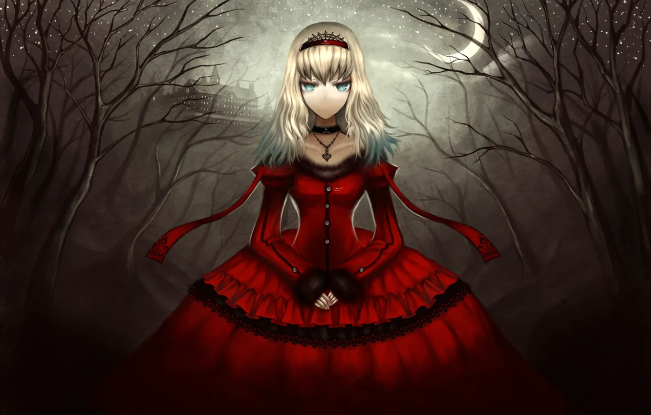 Photo wallpaper night, tree, pendant, Alice in Wonderland, red dress, suspension, Crescent