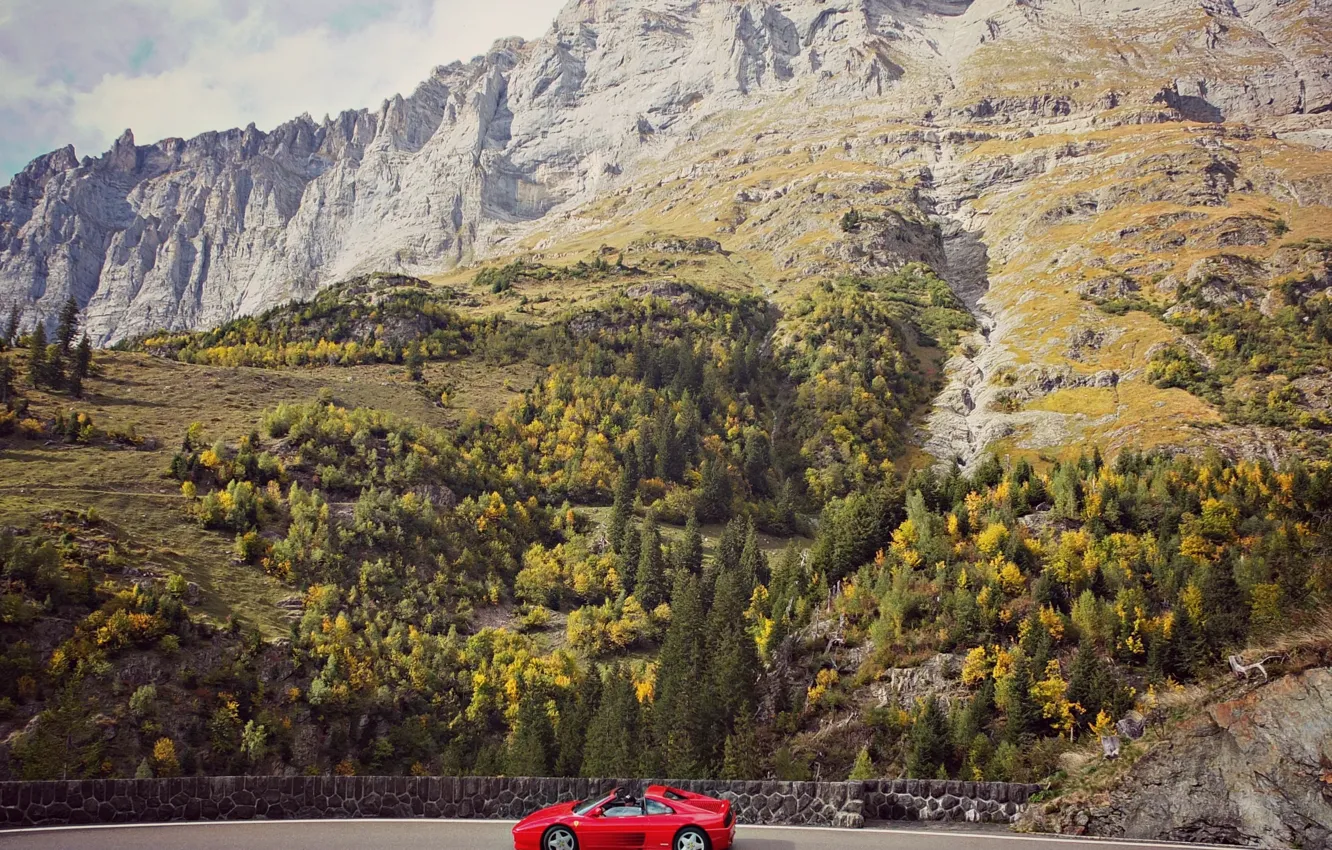 Photo wallpaper road, the sky, clouds, mountains, rocks, Ferrari