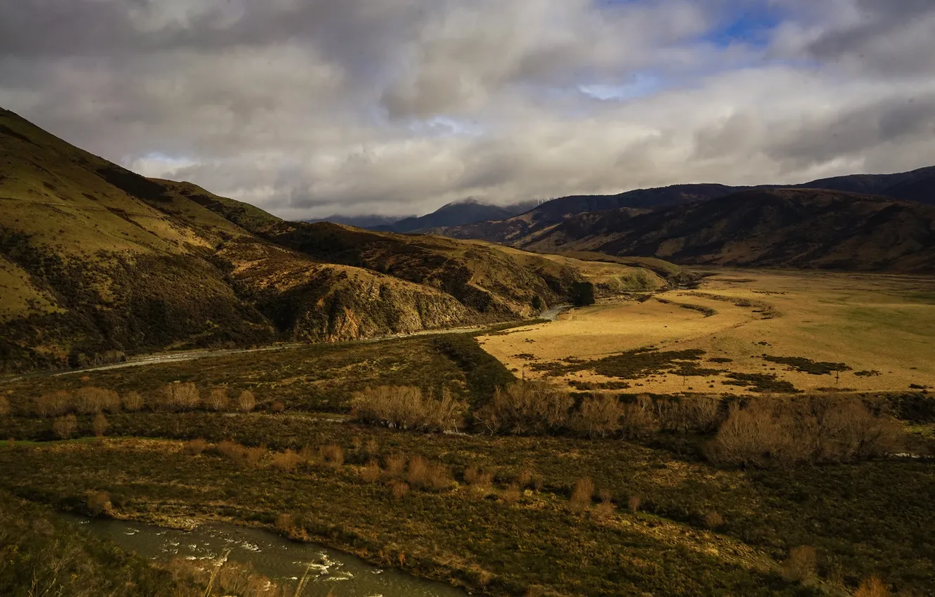 Photo wallpaper field, autumn, clouds, trees, mountains, river, overcast, hills