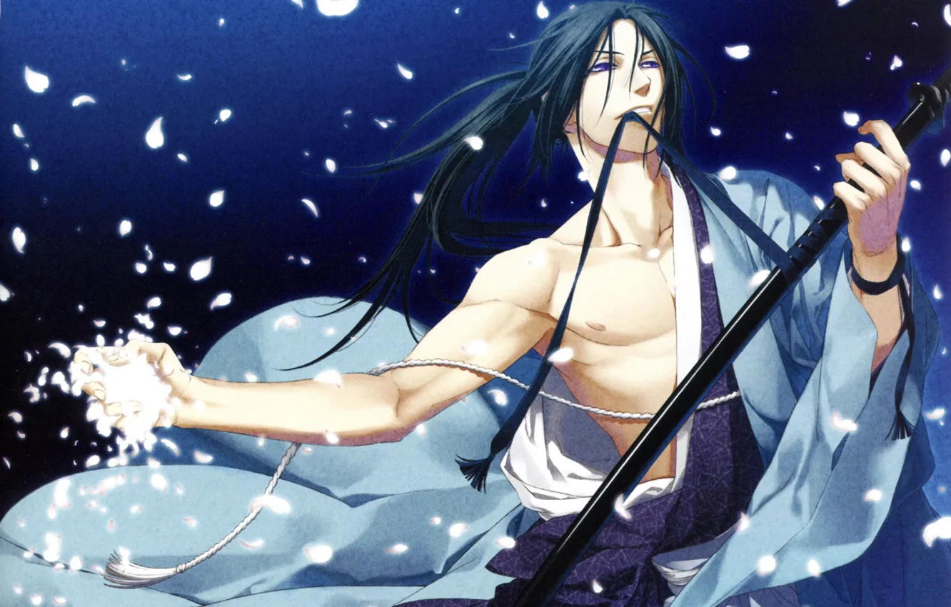 Photo wallpaper night, katana, samurai, tape, Shinsengumi, cherry blossoms, Hakuouki Shinsengumi Kitano, Hijikata Toushirou