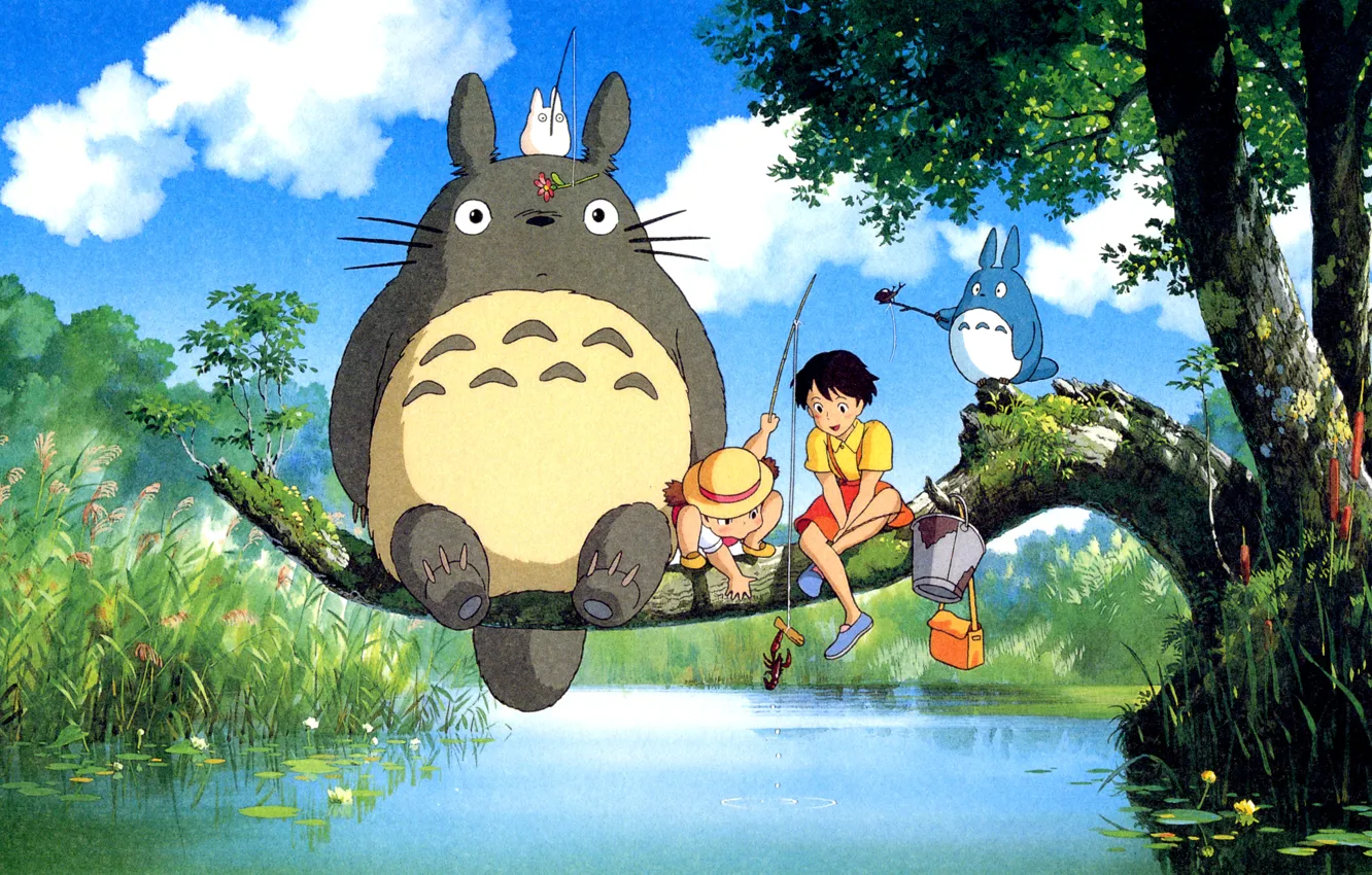 Photo wallpaper river, tree, Totoro, my neighbor Totoro, ghibli, Hayao Miyazaki, Totoro, Satsuki Kusakabe