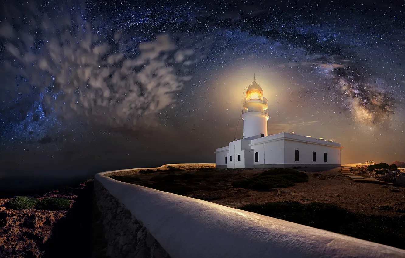 Photo wallpaper night, lighthouse, stars, Spain, Spain, Balearic Islands, Balearic islands, Menorca