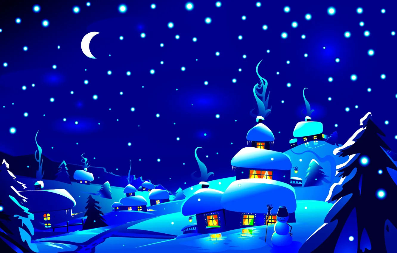 Photo wallpaper winter, forest, the sky, snow, trees, snowflakes, night, lights