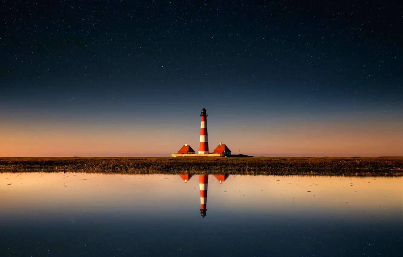 Photo wallpaper the sky, stars, reflection, lighthouse