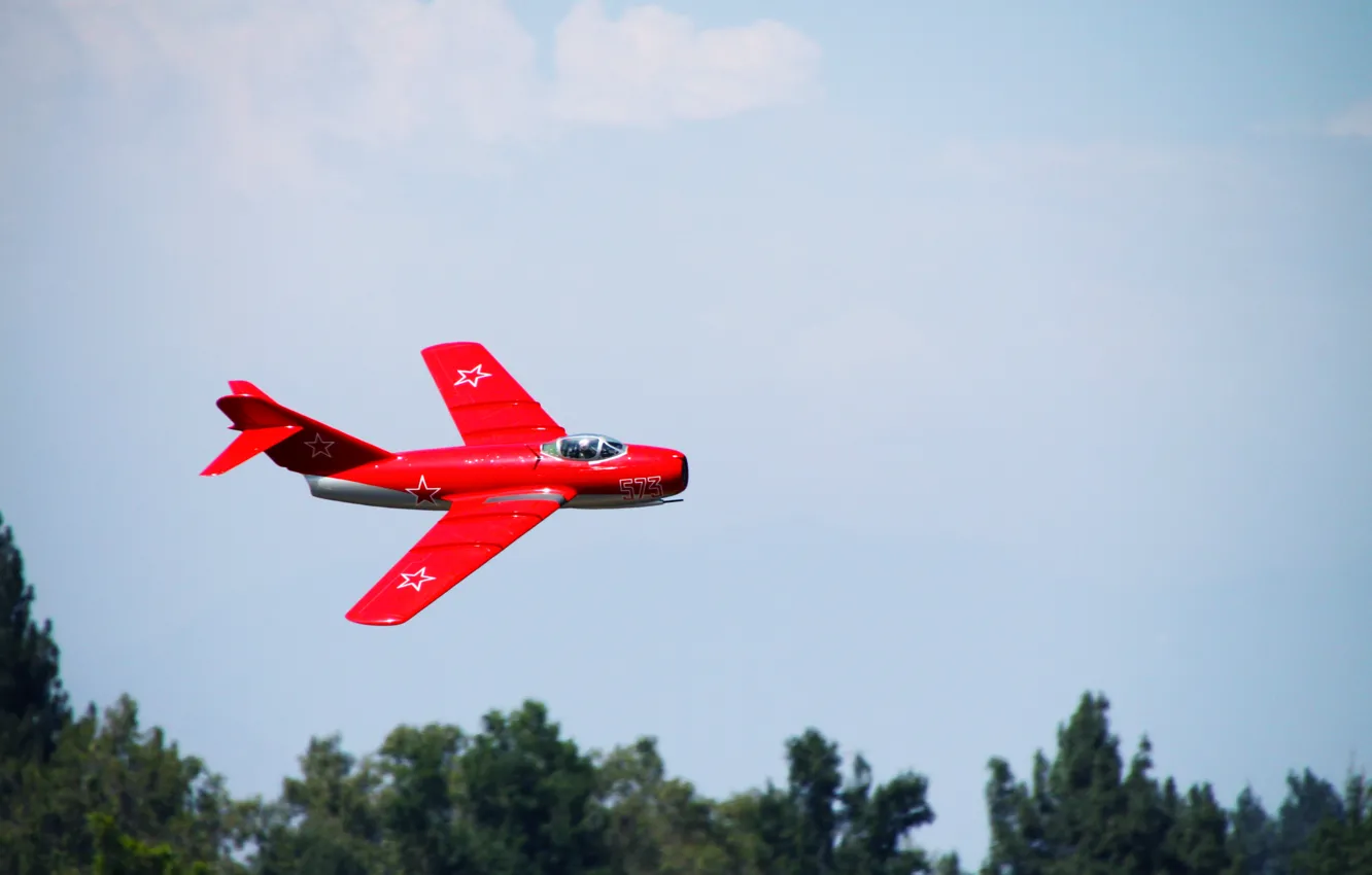 Photo wallpaper red, model, toy, fighter, The MiG-15, Fagot, Flies, Mikoyan
