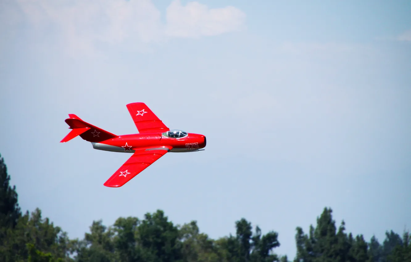 Photo wallpaper Red, fighter, Model, Toy, The MiG-15, Fagot, Flies, Mikoyan