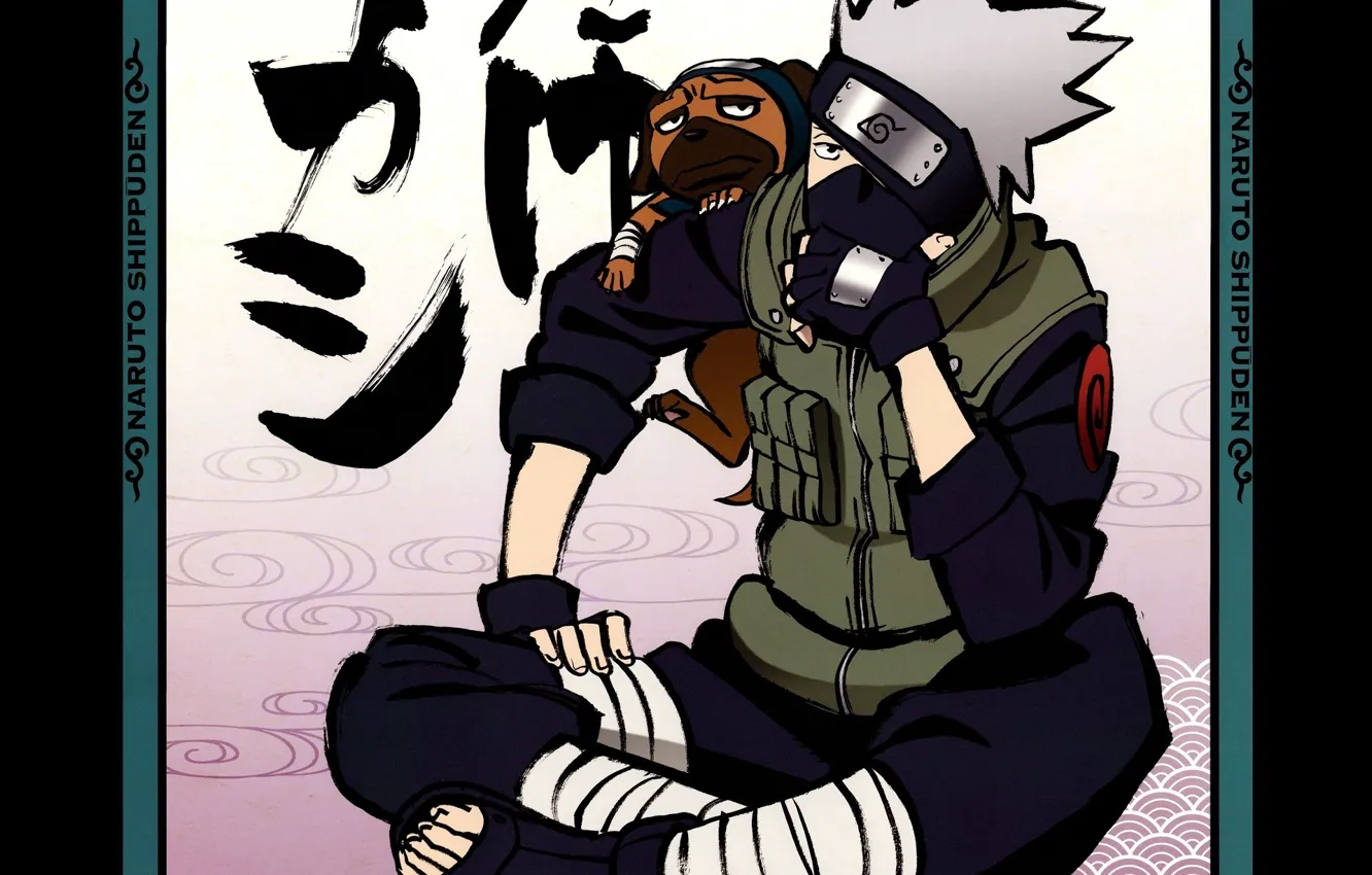 Photo wallpaper emblem, Naruto, white hair, vest, ninja, sensei, Kakashi Hatake, Pakkun